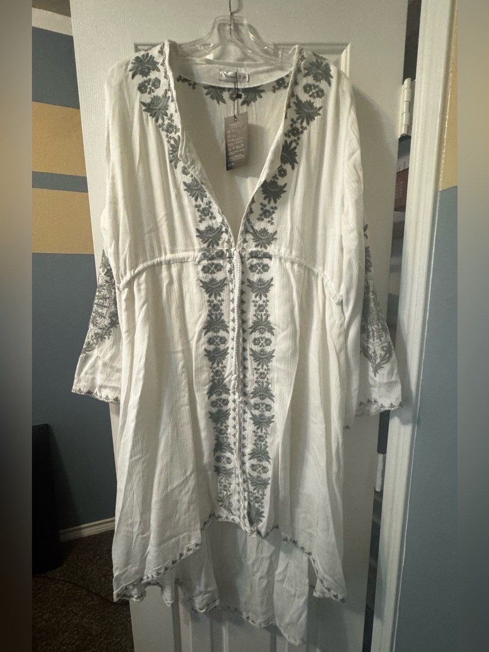 White Tunic Dress with Gray Floral Embroidery